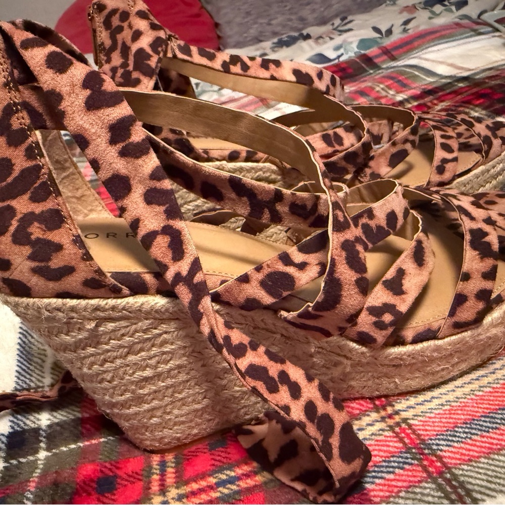 Torrid Leopard Strappy Sandal Wedge Tie Up